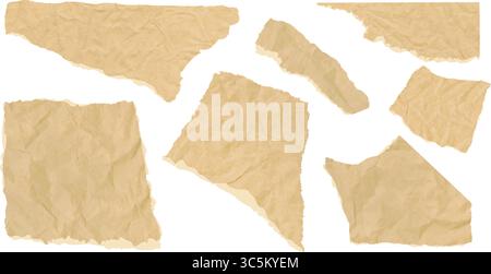 Sammlung von zerknitterten, zerrissenen Papierausschnitten in Pappform. Organischer und biologisch abbaubarer Look, geeignet für Collagen in Schulen, Bastelarbeiten oder Retro Stock Vektor