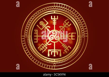 Goldener Vegvisir, alter Navigationskompass und Triskele, handgezeichnetes magisches keltisches Zeichen. Die Wikinger verwendeten viele Symbole in Übereinstimmung mit der nordischen Mythologie Stock Vektor