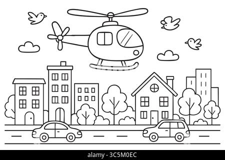 Schwarze Umrisse des Hubschraubers, der über die Stadtlandschaft mit Autos, Vögeln und Häusern auf weißem Hintergrund fliegt. Konzept der Ausmalseite, Kinderaktivität, urb Stock Vektor