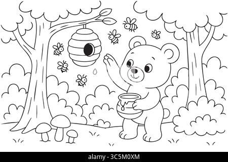 Schwarze Umrissgemälde für Kinder mit Bär mit Bienenstock und Bienen in Waldszene. Konzept von niedlichem Tier, Natur, Kinderaktivität, Kunst, dra Stock Vektor