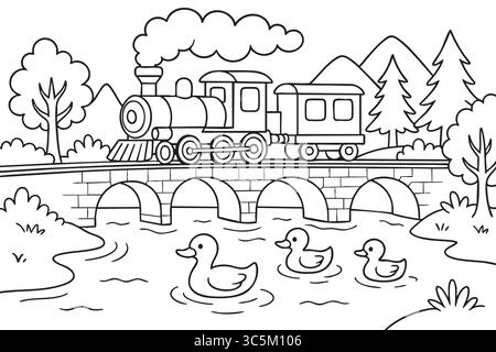 Schwarze Umrisse der Zugbrücke über den Fluss mit Enten, Ausmalseite für Kinder. Verkehrskonzept, Naturszene, Bildungsaktivität Stock Vektor