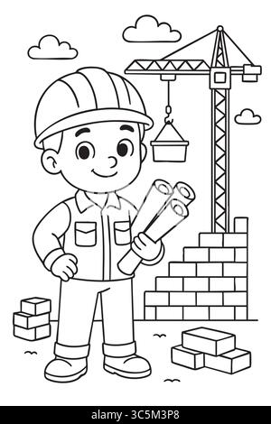 Schwarze Umrisse des Bauherrenjungen und der Baustelle für Kinder, grafische Illustration. Vorstellung von Kinderaktivitäten, pädagogischer Kunst, Kreati Stock Vektor