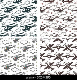 Seamless Aviation Pattern Set – Flugzeug und Hubschrauber Schwarz-weiß-Vektor-Designs Stock Vektor