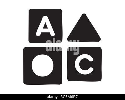 Silhouette von pädagogischen Alphabetblöcken und geometrischen Formen isoliert auf weißem Hintergrund. Kinderspielzeug, Lernbriefe, Vorschulpädagogik Stock Vektor