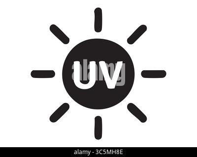 Schwarze Silhouette uv-Sonnensymbol isoliert auf weißem Hintergrund. Konzept für Wetter, Ultraviolett, Sonnenlicht, Sicherheit, Sonnenschutz, Designelement, Symbol, Stock Vektor