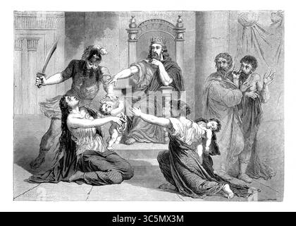 Illustration des Urteils Salomos - zwei Mütter, die im selben Haus lebten, hatten jeweils ein Kind, eines war gestorben und jede Mutter argumentierte, dass sie leben würde Stockfoto