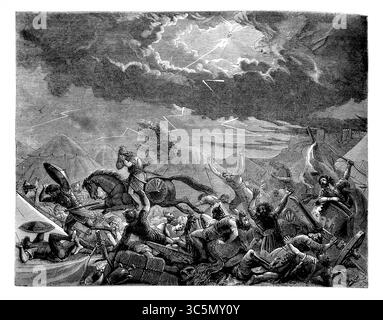 Illustration der Zerstörung der Armee von Sanherib (Chroniken) - Gott schickt den Engel des Todes, um König Sanherib Assyrische Armee als Th zu zerstören Stockfoto