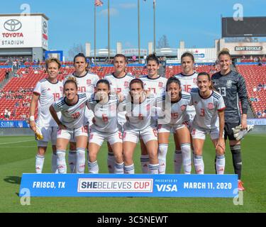 11. März 2020: Die spanische Fußballnationalmannschaft der Frauen posiert vor dem SheBelieves Cup-Spiel zwischen England und Spanien im Toyota Stadium in Frisco, TX. Kevin Langley/CSM(Kreditbild: &Copy; Kevin Langley/CSM via ZUMA Wire) Stockfoto