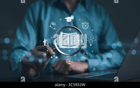 E Lernkonzept. Mann lernt online mit Webinar. Das Internet wird für moderne Bildung genutzt. Seminar-Meeting, e-learning-Technologie, Video-Tutorial Stockfoto