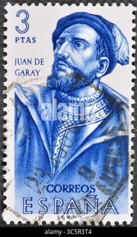 Von Spanien gedruckte gestempelte Briefmarke, die das Porträt von Juan de Garay (1528-1583) zeigt, um 1962. Stockfoto