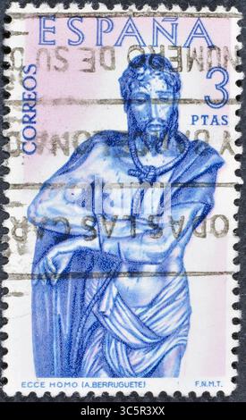 Gestempelte Briefmarke, gedruckt von Spanien, die Skulptur zeigt, 400. Todestag von Alonso Berruguete, um 1962. Stockfoto