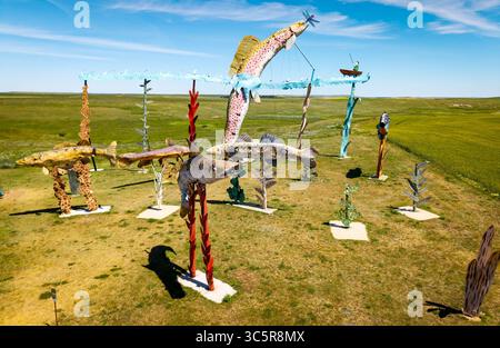 Regent, USA – 13. Juli 2025: Die Fisherman's Dream-Skulptur am North Dakotas Enchanted Highway Stockfoto