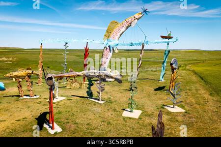 Regent, USA – 13. Juli 2025: Die Fisherman's Dream-Skulptur am North Dakotas Enchanted Highway Stockfoto