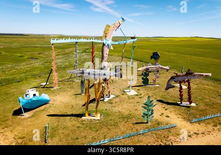 Regent, USA – 13. Juli 2025: Die Fisherman's Dream-Skulptur am North Dakotas Enchanted Highway Stockfoto