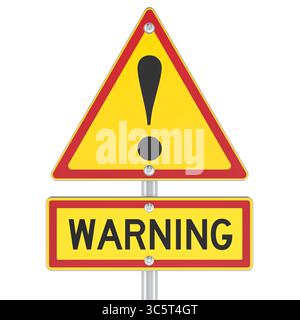 Warnschild mit Ausrufezeichen. 3D-Rendering isoliert auf weißem Hintergrund Stockfoto