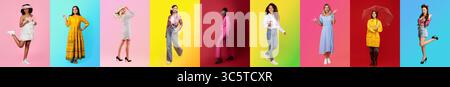 Verschiedene Gruppen von Menschen zeigen lebendige Stile vor farbenfrohen Hintergründen Stockfoto
