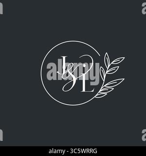 Hochzeitsmonogramm Initial JL Design in einem eleganten und minimalistischen Stil mit kreisförmigen Linien und grünen Ästen Vektorgrafik Stock Vektor