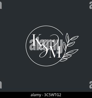 Hochzeitsmonogramm Initial KM Design in einem eleganten und minimalistischen Stil mit kreisförmigen Linien und grünen Ästen Vektorgrafik Stock Vektor