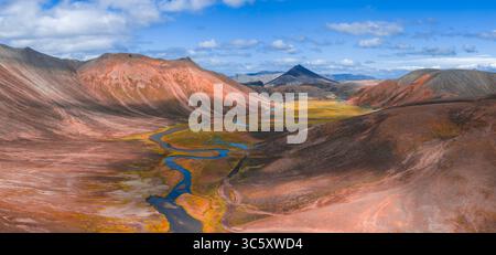 Blick aus der Vogelperspektive auf die Rhyolite Mountains und den Fluss im isländischen Hochland Stockfoto