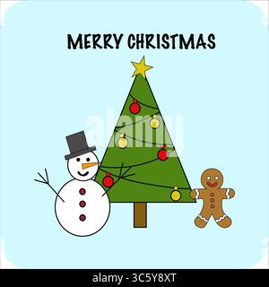 Frohe Weihnachtsgrüße. Schneemannbaum-Illustration. Lebkuchenmann-Detail. Blauer Feiertagshintergrund. Stock Vektor