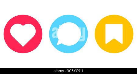 Social-Media-Symbole. Wie das Herzsymbol. Sprechblase für Kommentare. Lesezeichen-Vektor speichern. Stock Vektor