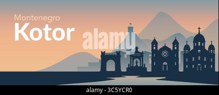 Die bezaubernde Silhouette des Sonnenuntergangs von Kotor in Montenegro bietet einen wirklich atemberaubenden Panoramablick Stock Vektor