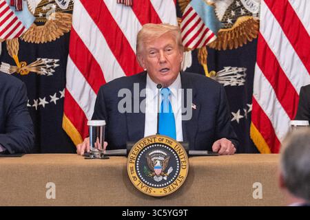Washington, USA. 30. Juli 2025. US-Präsident Donald Trump spricht am 30. Juli 2025 im Weißen Haus in Washington, D.C., USA, während der Veranstaltung „Make Health Technology Great Again“. Quelle: Hu Yousong/Xinhua/Alamy Live News Stockfoto
