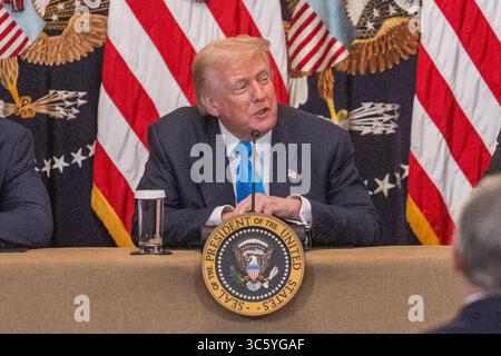 Washington, USA. 30. Juli 2025. US-Präsident Donald Trump spricht am 30. Juli 2025 im Weißen Haus in Washington, D.C., USA, während der Veranstaltung „Make Health Technology Great Again“. Quelle: Hu Yousong/Xinhua/Alamy Live News Stockfoto