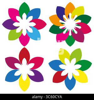 Farbenfrohe Blumenelemente. Abstrakte Blütenformen. Blütenmuster Vektor. Lebendige Blumensymbole. Stock Vektor
