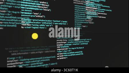 Anzeige von hervorgehobenem JavaScript-Code auf dem Computerbildschirm im dunklen Editor mit gelbem Kreis Stockfoto