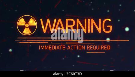 Anzeige des orangefarbenen Symbols für Strahlengefahr mit WARNUNG SOFORTIGE MASSNAHME ERFORDERLICH auf der Gradienten-Benutzeroberfläche Stockfoto