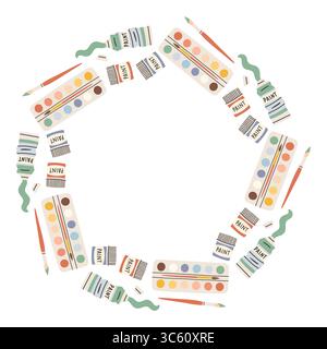 Einfacher Schulkreisrahmen. Runder Schulrand aus verschiedenen Schulobjekten. Weiche Pastellfarben zurück zur Schule Hand gezeichnetes Vektorbanner Stock Vektor