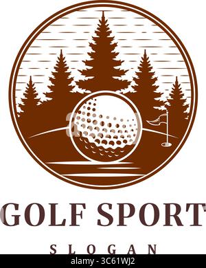 Rustikales Golf-Sportabzeichen mit Wald-Golf-Logo und Bäumen und Ball Stock Vektor