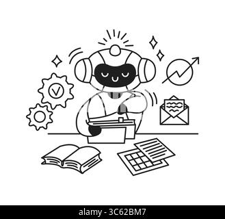 Niedliche künstliche Intelligenz mit freundlicher Ausdrucksanalyse von Dokumenten. In einem Bürohintergrund mit Zahnrädern und Diagrammen. Schwarz-weiß-Stil Stock Vektor