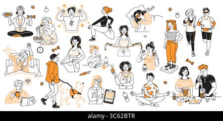 Bunte Illustration von Menschen, die an verschiedenen Aktivitäten für einen gesunden Lebensstil teilnehmen. Die Charaktere trainieren, kochen, meditieren und genießen Nutriti Stock Vektor