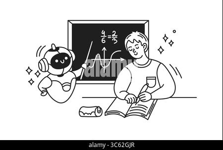 Künstliche Intelligenz unterrichtet Schüler in Mathematikgleichungen mit Tafel im Hintergrund. Zeichentrickstil, monochrome Illustration, die lehrreiche i zeigt Stock Vektor