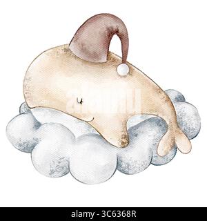 Niedliche Aquarellillustration eines beigefarbenen Wals, der einen Schlummertrunk trägt und auf weichen Wolken ruht. Handgemalt auf weißem Hintergrund. Ideal für Kinderzimmer-Aufdrucke Stockfoto