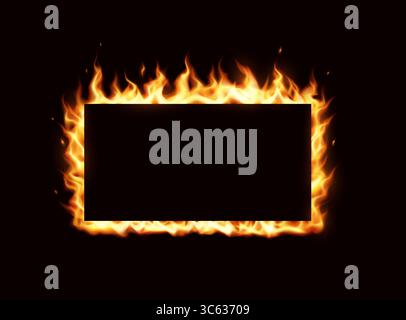 Grafik eines rechteckigen Rahmens, umhüllt von intensiven Flammen. Lebhafte Orange- und Gelbtöne vor dunkelschwarzem Hintergrund. Geeignet für heiße Stock Vektor