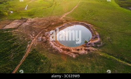 Ruhige Aussicht auf einen natürlichen Teich, umgeben von üppigen grünen Feldern in Casanare, Kolumbien, mit Blick auf die Schönheit der Natur. Stockfoto