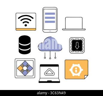 Digitale Marketingstrategie und SEO-Symbolsatz – Web- und Social-Media-Tools Stock Vektor