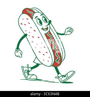 Retro Hot Dog Maskottchen Illustrationen – Charaktere Im Vintage-Cartoon-Stil Stock Vektor