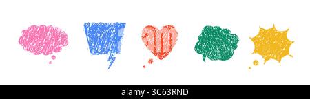 Buntstifte Sprechblasen. Set aus Buntstiften-Comic-Rahmen im handgezeichneten Stil. Schmirgelstruktur. Kindliche Vektor-Illustration isoliert auf weißem Hintergrund Stock Vektor