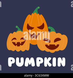 Vektor Halloween Illustration mit drei Zeichentrickkürbissen, die verschiedene Emotionen und Kürbis-Buchstaben zeigen. Lustiges und gruseliges Design, perfekt für Partys Stock Vektor