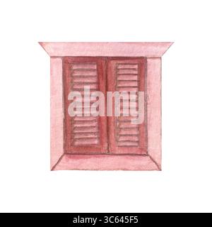 Geschlossenes Fenster mit rustikalen Holzläden, in Rottönen gestrichen. Aquarellabbildung isoliert auf weiß. Perfekt für mediterrane Architektur Stockfoto