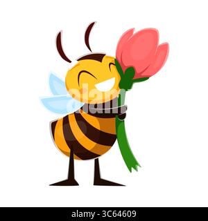 Cartoon Honigbiene lustiger Charakter mit Blumen und glücklichem Gesicht, Vektor kleine Honigbiene. Niedliche Biene umschmeichelt Blume mit Liebe für Honig, Hummel aus Bienenstock Insekten fröhlicher Charakter für Kinder Maskottchen Stock Vektor