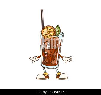 Grooviger Long Island Cocktail Charakter. Alkoholgetränk mit Wodka, Tequila, Rum und Zitrone, Eis und Stroh niedliche Retro-Vektor-Persönlichkeit. Long Island Cocktail Glas isoliert groovige Charakter oder Maskottchen Stock Vektor