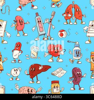 Groovige Medizinfiguren nahtloses Muster. Nahtloser Stoffdruck, Textil- oder Geschenkpapier-Muster mit Medikamententabletten und Salben, menschlichen Organen, Rezept- und Mundpflege-groovige niedliche Persönlichkeiten Stock Vektor