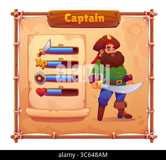 Spieloptionen-Fenster mit Cartoon Pirate Crew Captain Charakter, Vektor-UI-Schnittstelle. Corsair Ship Segel Menü Bildschirm mit Option Auswahl Schieberegler und Tasten auf Scroll, lustiger Kapitän Pirate mit Schwert Stock Vektor
