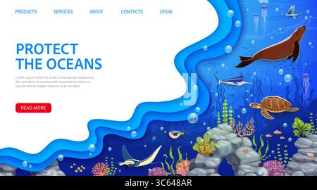 Landingpage-Vorlage mit Unterwasserlandschaft und Meerestieren. Ozeanökologie und Umweltschutz, Meer Natur sparen Organisation Papier schneiden Vektor-Webseite mit Dichtung, Schildkröte, Fisch und Algen Stock Vektor