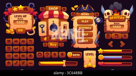 Pirate Arcade Game Interface, GUI Vektorelemente, Corsair Game Asset. Cartoon-Holzknöpfe, Schilder, Banner für die Menüschnittstelle, Fortschrittsbalken mit Piratenschatz Gold, Korsair Hut, Schädel und Flagge Stock Vektor